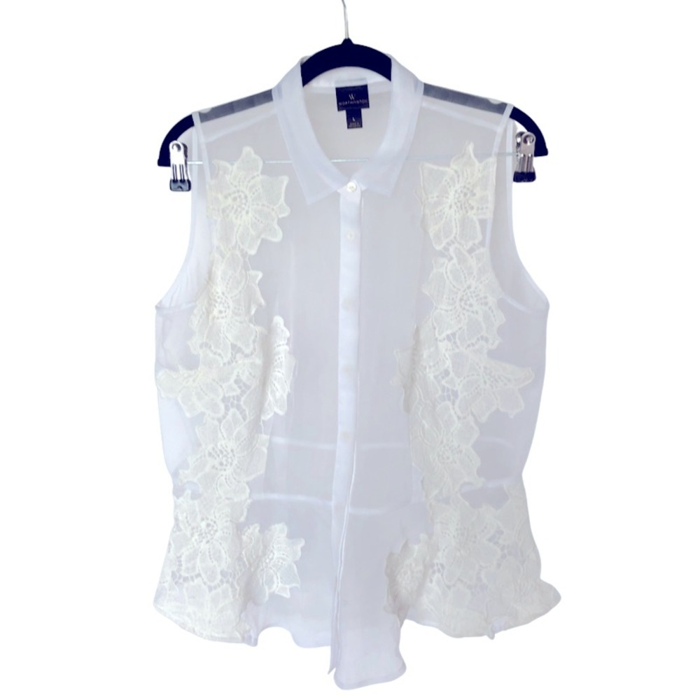 Worthington Mesh Sheer Floral Appliqué with Peplum Design Blouse Size L
